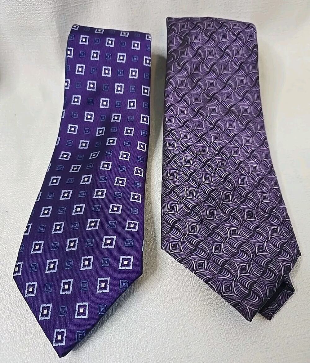Lot of 2 Purple Designer Neckties Hilfiger 100% Silk Ferucci Polyester 2 Ties